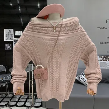 Винтажный свободный универсальный женский свитер средней длины с открытыми плечами и длинными рукавами.
