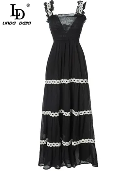 LD LINDA DELLA Новое дизайнерское летнее платье 2023 года, женское Черное модное длинное вечернее платье с вышивкой на бретельках