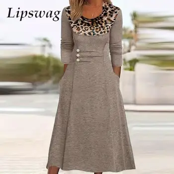 Модное Леопардовое вечернее платье в стиле пэчворк с длинным рукавом, повседневное Элегантное Женское платье трапециевидной формы на пуговицах, осень-зима, Женское длинное платье с круглым вырезом