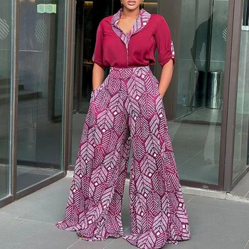 Женская блузка с V-образным вырезом, топы и широкие брюки, весенне-осенний костюм-двойка с регулируемым рукавом, модный графический комплект брюк
