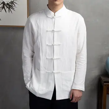 Легкая дышащая мужская рубашка с дисковым воротником и пуговицами, мужская рубашка в традиционном китайском стиле с воротником-стойкой и карманами с длинными рукавами