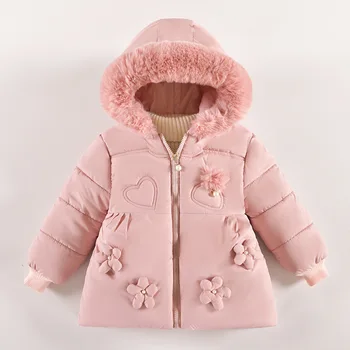 Осенне-зимняя куртка для девочек с цветами, меховой воротник, сохраняющий тепло, пальто Маленькой принцессы с капюшоном на молнии, верхняя одежда для малышей 2-4 лет, Детская одежда