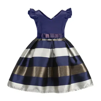 Новое летнее платье для девочек, детское маленькое летящее платье с V-образным воротником, в полоску среднего размера, детское платье принцессы для девочек, вечернее платье для девочек