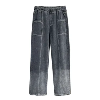 Весна Осень 110 кг Модные прямые джинсовые брюки в стиле пэчворк градиентного цвета Плюс размер Женские повседневные джинсы полной длины 1587
