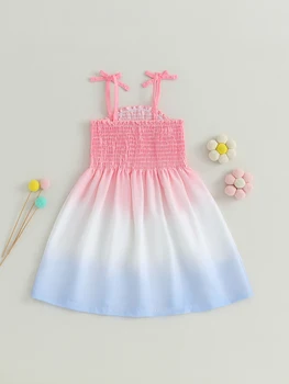 Платье Трапециевидной формы с цветочным принтом для маленьких девочек, без рукавов, с оборками на подоле, с галстуком-бабочкой сзади