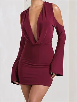 Элегантное женское платье CHRONSTYLE с рюшами спереди, V-образным вырезом, открытыми плечами, длинным рукавом, вечернее мини-платье, уличная одежда для пляжного клуба, Vestidos 2024