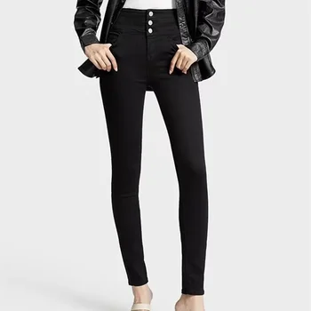 Женские флисовые джинсовые брюки-карандаш, однотонные женские модные джинсы-скинни с высокой талией