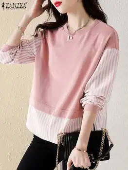 ZANZEA Модная женская полосатая рубашка в стиле пэчворк, осенние толстовки с длинным рукавом, повседневные свободные толстовки, топ, Стильный пуловер, уличная одежда