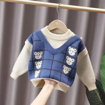 Детский свитер с утепленной флисовой подкладкой 2022, Осенне-зимние Новые Вязаные топы для мальчиков и малышей, Поддельные Двойки