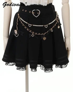 Юбка с завышенной талией в японском стиле Liz, Короткая юбка с бантом из жемчужной цепочки массового производства, Модная юбка Lolita Rojita для женщин