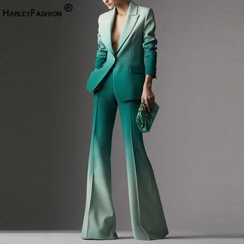 Роскошный дизайн, высокие женские уличные костюмы-блейзеры из 2 предметов, градиентный зеленый цвет, привлекающие внимание комплекты брюк-клеш