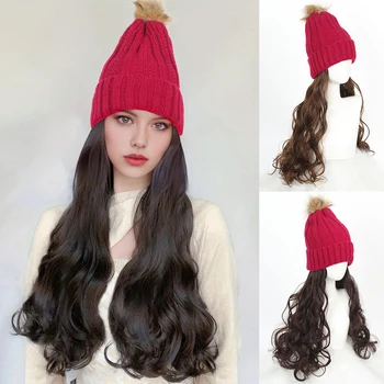Красная вязаная шапка с синтетическими длинными Волнистыми вьющимися волосами, парик для наращивания, теплый вязаный шиньон для женщин Зимой