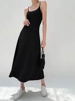 Черное платье на подтяжках, женская приталенная модель, новая летняя юбка-качалка 2023 года, с заниженной талией, тонкий трикотаж, универсальная длинная юбка