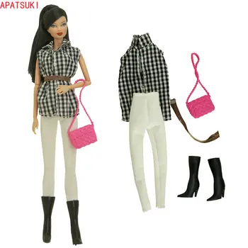 Комплект модной одежды в клетку для куклы Барби, черно-белая рубашка в клетку, брюки, сумка на ремне, сапоги для кукол Barbie 1/6, аксессуары для кукол