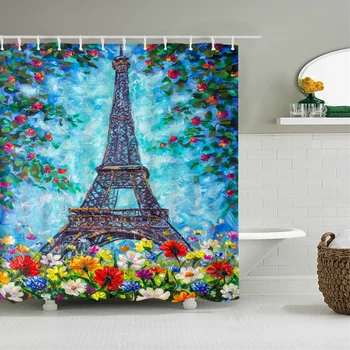 Картина маслом с рисунком Парижской башни 180x180 см Занавески для душа из водонепроницаемой полиэфирной ткани Занавеска для ванной комнаты с крючками