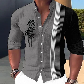 Мужская рубашка со стоячим воротником для отдыха, хлопковые льняные свободные повседневные рубашки с длинными рукавами, осенняя модная мужская одежда, рубашки в пляжном стиле, топы