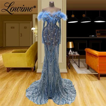 Вечернее платье с перьями, голубые платья с длинными рукавами 