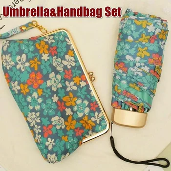 Женский сверхлегкий мини-зонт с плоской ручкой, пятистворчатый зонт с цветочным рисунком для солнца и дождя, сумка для хранения вещей