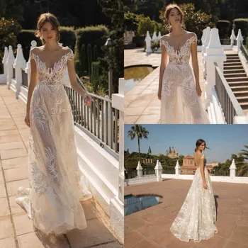 Свадебные платья А-силуэта 2019, кружевные аппликации с драгоценными камнями на рукавах, свадебные платья со шлейфом, свадебное платье Vestido De Novia