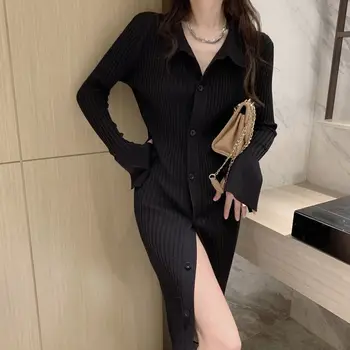 Последний стиль 2024французский стиль, высококачественная вязаная длинная юбка, уникальный и потрясающий кардиган, черный свитер, платье-поло, женская осенняя одежда