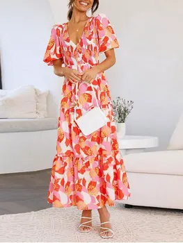 Michellecmm Женское платье с коротким рукавом в цветочек, повседневное вечернее платье трапециевидной формы с оборками на подоле для пляжного коктейля, летняя уличная одежда