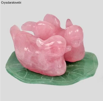 1 комплект розового кварца Утка-мандаринка, вырезанная из натурального камня, символизирует влюбленного, фигурка, подставка из зеленого авантюрина