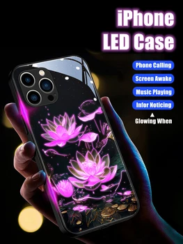Модный светодиодный чехол Lotus со светящейся задней панелью из закаленного стекла для iPhone 11 12 13 14 15 X Xs Xr Mini Pro Max Plus
