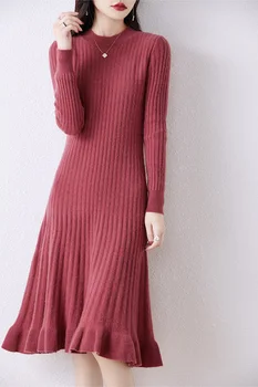 Длинный свитер из 100% шерсти мериноса 2023, Осеннее Женское Новое платье длиной до колена с круглым вырезом, плиссированное, однотонное, для поездок на работу