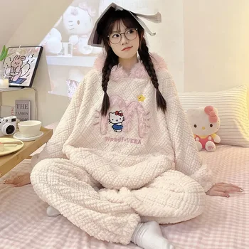 Sanrio Hello Kitty, Коралловая бархатная пижама, Аниме, милый мультфильм, Женская осенне-зимняя фланелевая домашняя одежда с капюшоном и длинными рукавами, Подарочный набор