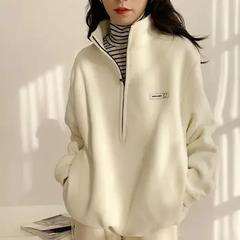 Осень-зима 2023, Корейские теплые флисовые толстовки, женская повседневная мода Kpop, плюс топ-толстовка Velevt