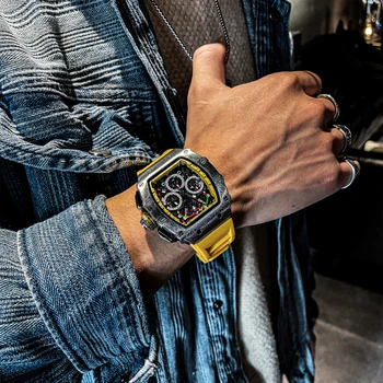 Роскошные многофункциональные спортивные часы с хронографом 2023 Желтые Силиконовые мужские кварцевые наручные часы Водонепроницаемые светящиеся часы