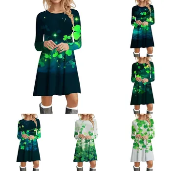 Женское модное повседневное платье с круглым вырезом и длинными рукавами с 3D принтом в виде четырех листьев Святого Патрика Robe Femme Bodycon Vestido