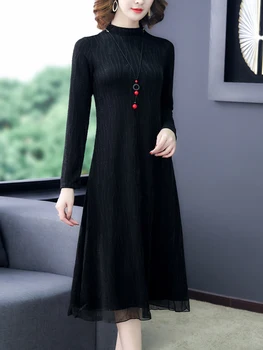 Осенне-зимнее платье Миди в черную полоску с длинным рукавом, женское плюс Бархатное плотное Теплое платье с оборками, Корейское Винтажное платье Хепберн 2023 года выпуска