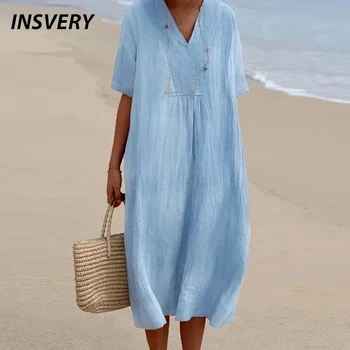 Летние Макси-платья Для женщин с V-образным вырезом и коротким рукавом, Повседневное Свободное платье для пляжной вечеринки, Женское платье Миди 2023