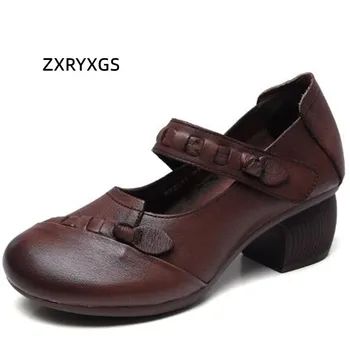 ZXRYXGS/ Новинка 2023 года; Весенняя Высококачественная Обувь из 100% Натуральной Кожи в стиле Ретро С Цветочным Рисунком; Обувь На Среднем каблуке С Круглым Носком; Женская Модная Обувь