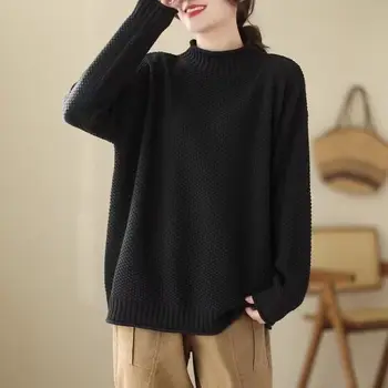 2023 Осенне-зимний однотонный пуловер с полувысоким воротником, свитер для женщин, Новый модный Свободный повседневный универсальный вязаный топ