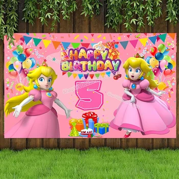 Фон для вечеринки Super Mario, шаблон плаката на День рождения Принцессы Персик, Фон для фотографии, Принадлежности для вечеринки в честь Дня рождения Ребенка, Украшения