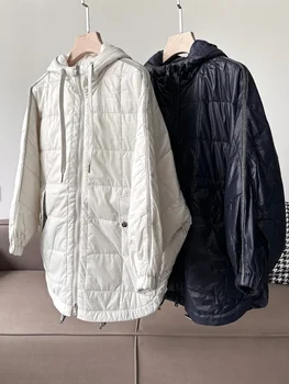 Куртка с капюшоном для женщин 2023, Новая зимняя цепочка из смеси хлопка с бусинами, Нерегулярная молния, Повседневное модное теплое Длинное пальто