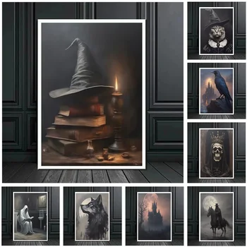 Темное Академическое искусство Ворон Ворон Ведьма Кошка Принты плакатов для домашнего декора гостиной Готический Рыцарь Призрак Холст Картина Настенное искусство