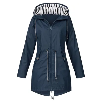 Women Solid Stripe Rain Jacket Outdoor Plus Hooded Raincoat Windproof куртки осенние женские chaqueta mujer пальто женское