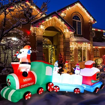 Надувной Рождественский поезд с Санта-Клаусом, Пингвином, Северным оленем, белым медведем, встроенные светодиодные фонари, украшение двора, садовой лужайки на открытом воздухе