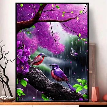 5D алмазная живопись Птицы, полная квадратная алмазная вышивка, распродажа фиолетовых цветов, изображения деревьев, мозаика из стразов, украшение для дома Y43