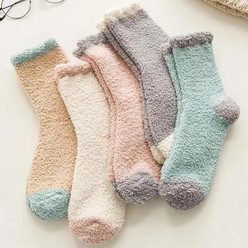 5 пар женских теплых плюшевых носков кораллового цвета, Мягких пушистых повседневных утолщенных шерстяных носков со средним рукавом, домашних носков для сна для девочек