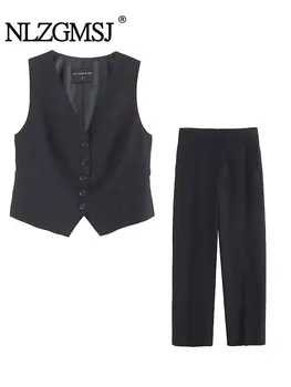 Осенние комплекты TRAF 2023, Модный костюм, жилет с V-образным вырезом, топы + Свободные брюки, Повседневные женские комплекты из 2 предметов