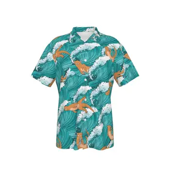 Мужская гавайская рубашка с рисунком Морской выдры, Пляжные Летние повседневные топы на пуговицах в стиле пэчворк, 3D Рубашки