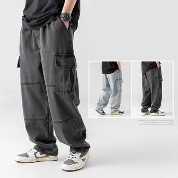 Длинные брюки-карго Мужские джинсы с карманами, спортивные штаны в стиле хип-хоп, Свободные Прямые Винтажные Комбинезоны, Брюки, Мужская Уличная одежда, Верхняя одежда с эластичным поясом