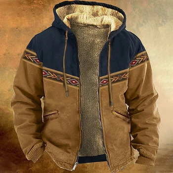 Зимние флисовые толстовки на молнии для мужчин, винтажные куртки с капюшоном и принтом племени в стиле пэчворк, Уличная верхняя одежда, пальто с капюшоном на молнии