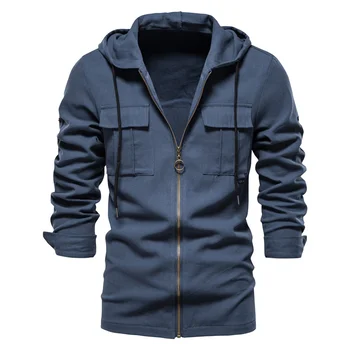 2024 Новые весенние мужские толстовки, хлопковая уличная куртка на молнии с длинным рукавом, однотонное приталенное пальто с капюшоном