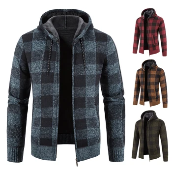 Мужской свитер, Кардиган, Вязаная куртка, пальто с капюшоном, холодная Зима, осень, клетчатый джемпер для мальчиков Y2K, толстовки, мужская одежда на молнии