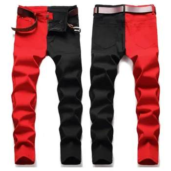 Весна Осень, новые модные мужские джинсы с разноцветной строчкой, тонкие, обтягивающие, стрейчевые мужские эластичные джинсовые брюки в стиле Уличный хип-хоп